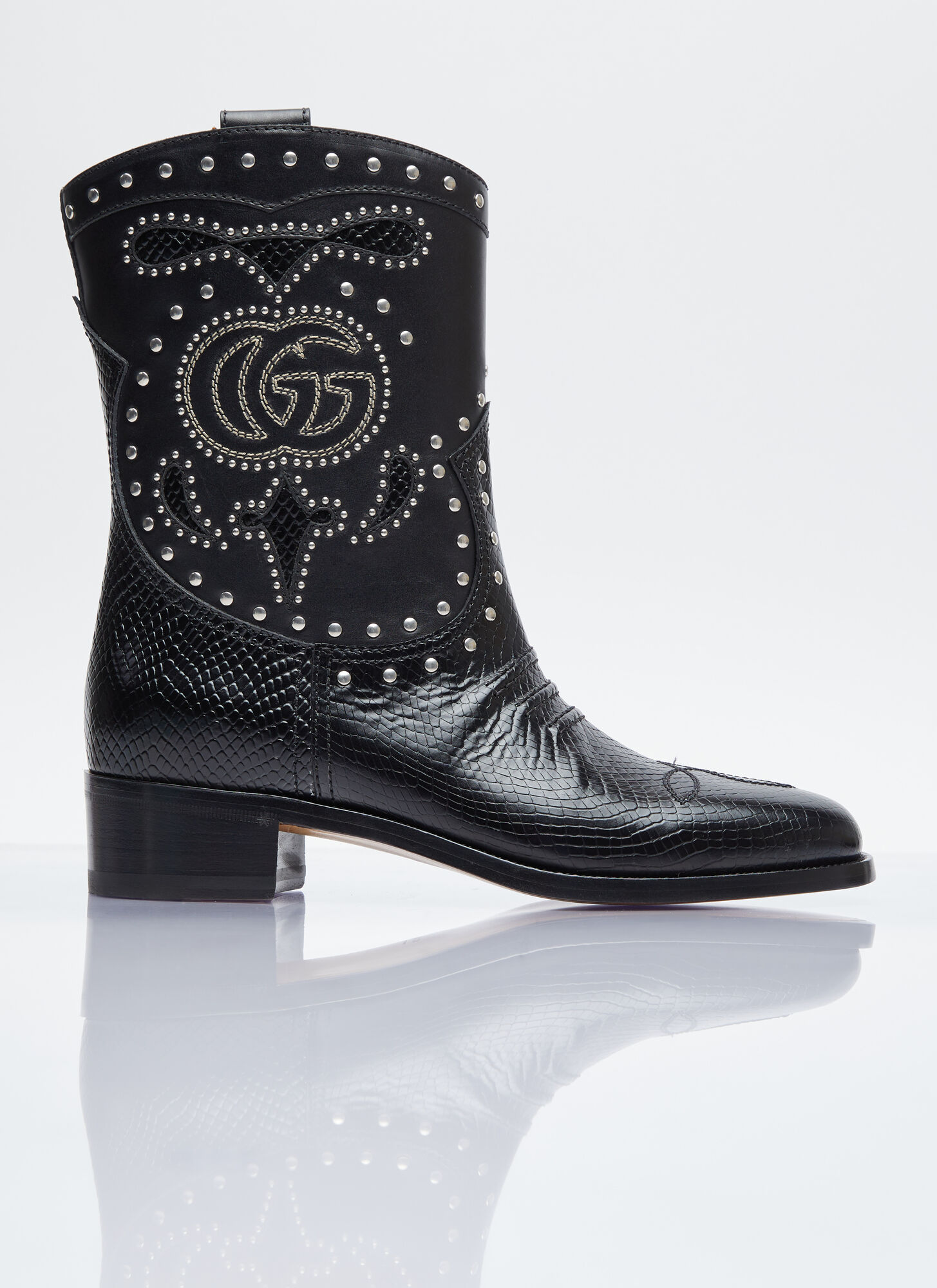 Shop Gucci Double G Studded Leather Boots In Black