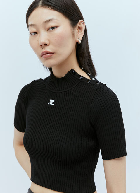 Courrèges 숄더 스냅 골지 니트 탑 블랙 cou0254014