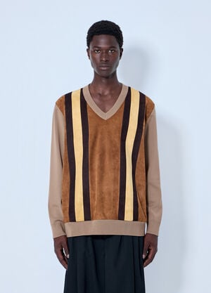 Miu Miu V-neck Sweater with Contrast Stripes Camel miu0165008