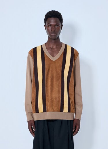 LN-CC® - Miu Miu: V-neck Sweater with Contrast Stripes - Camel Miu Miu V-neck Sweater with Contrast Stripes Camel miu0165008