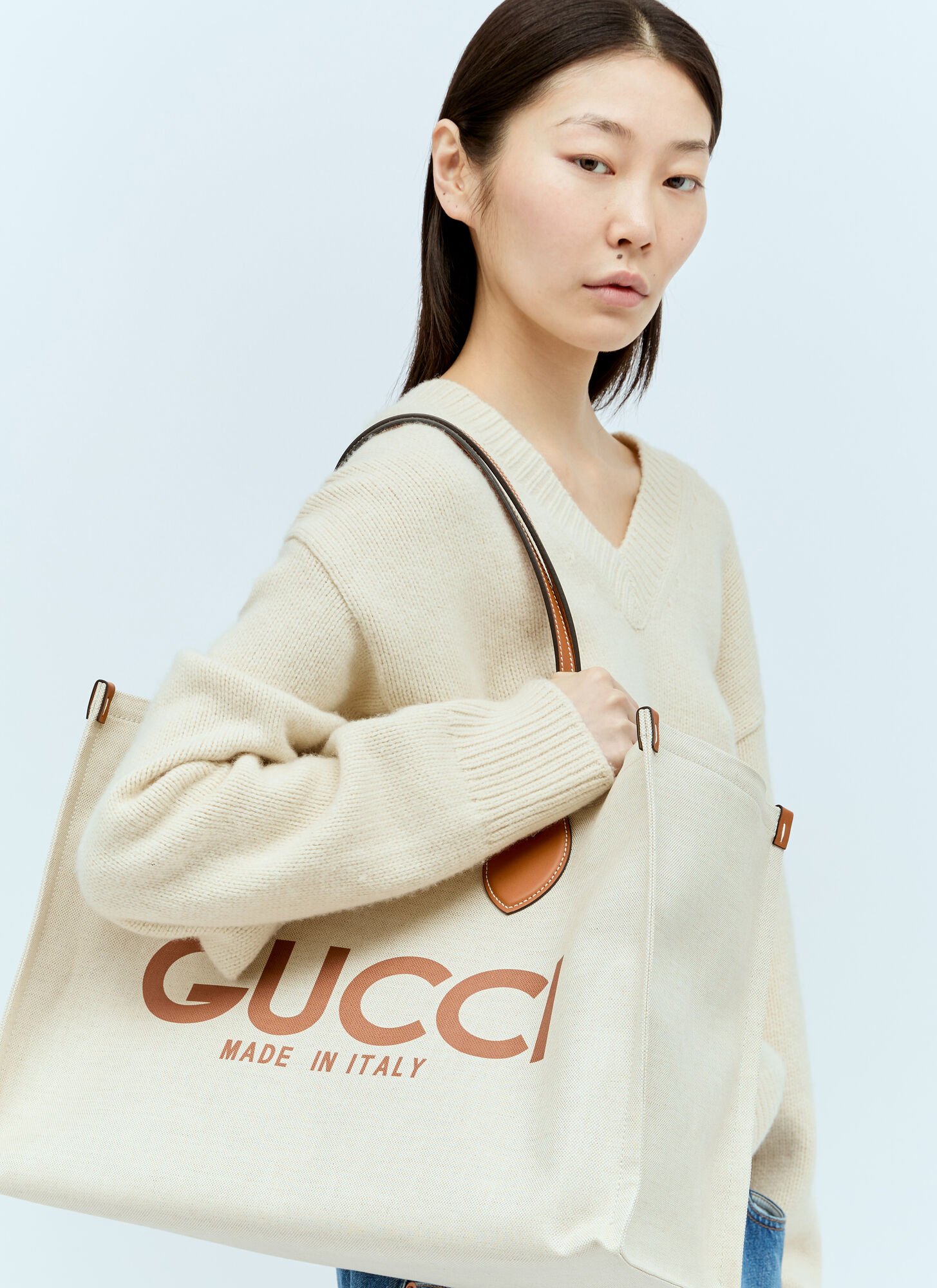 Shop Gucci Large Logo Print Canvas Tote Bag In Beige