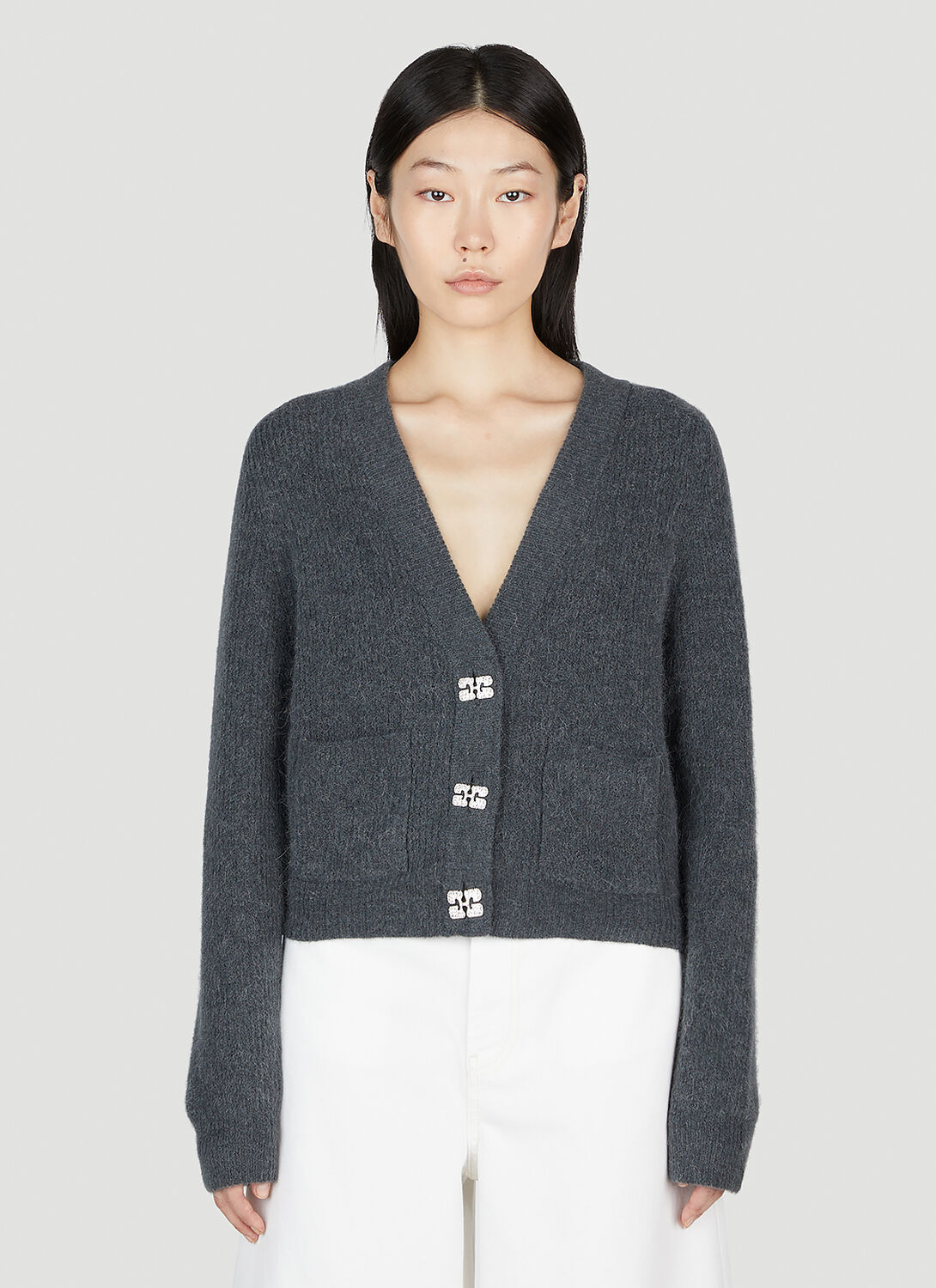 Shop Ganni Brushed Cardigan In Grey