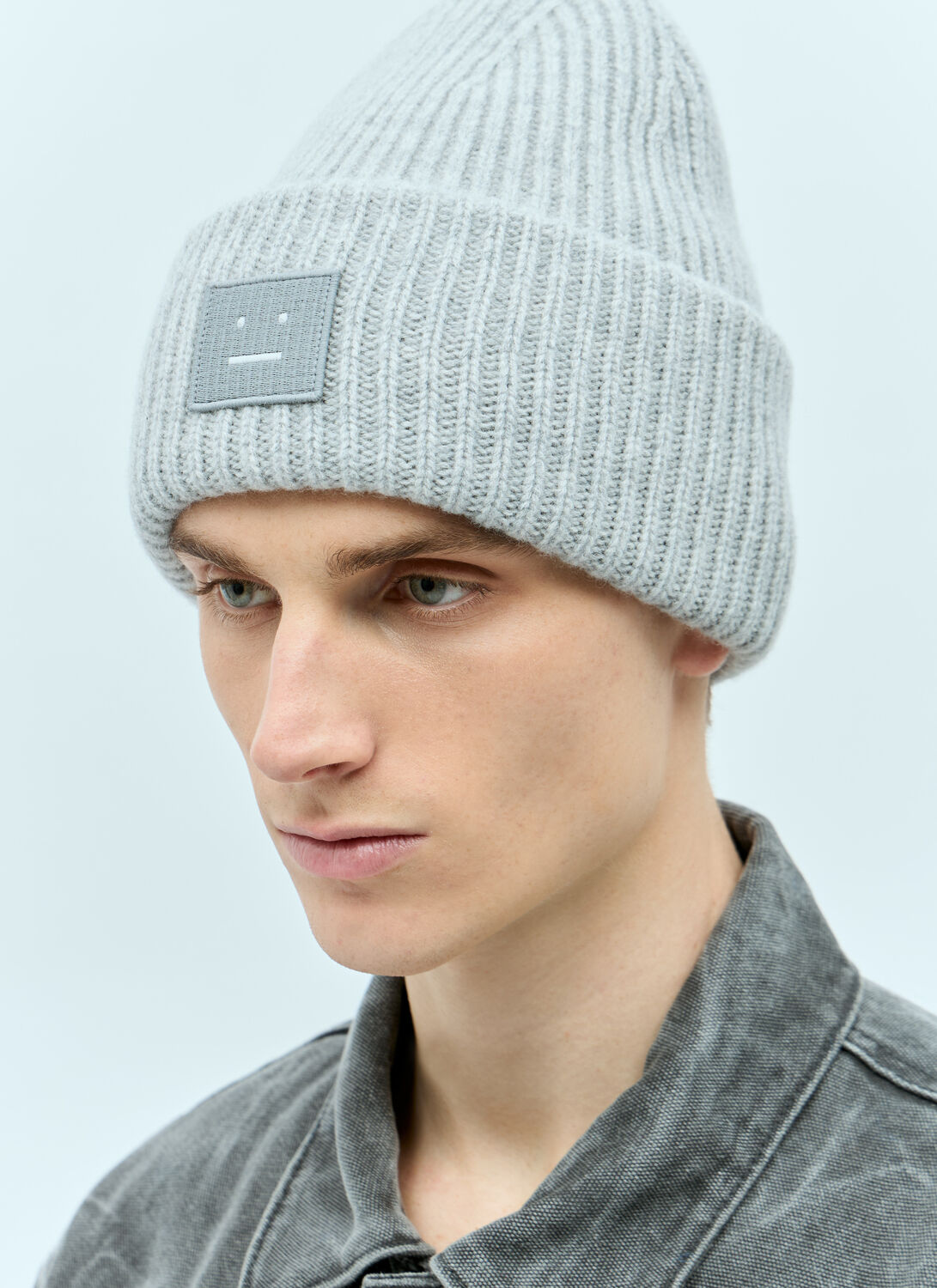Shop Acne Studios Large Face Logo Beanie Hat In Grey
