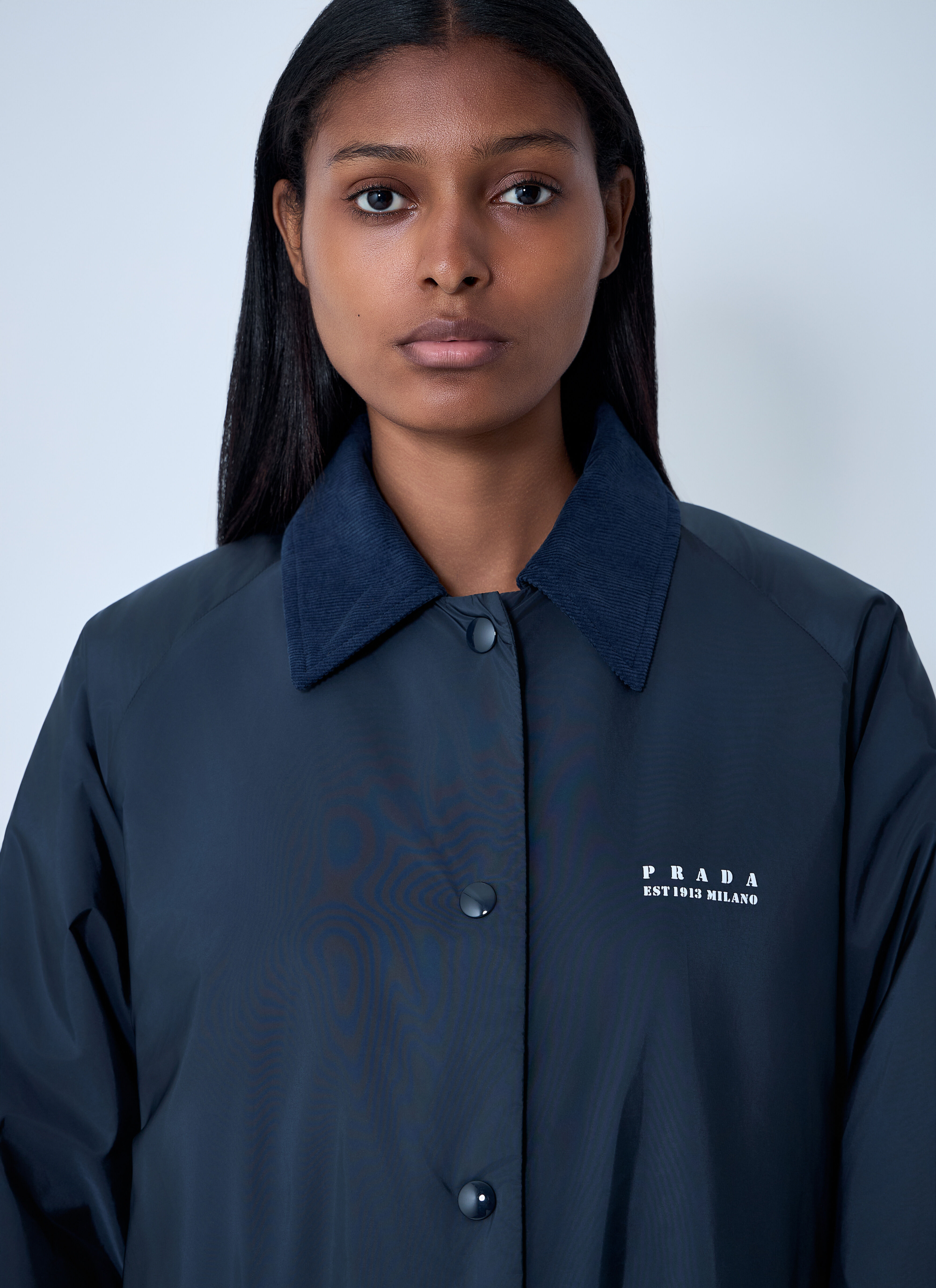 Prada Women's' Logo Print Long Coat in Blue | LN-CC®
