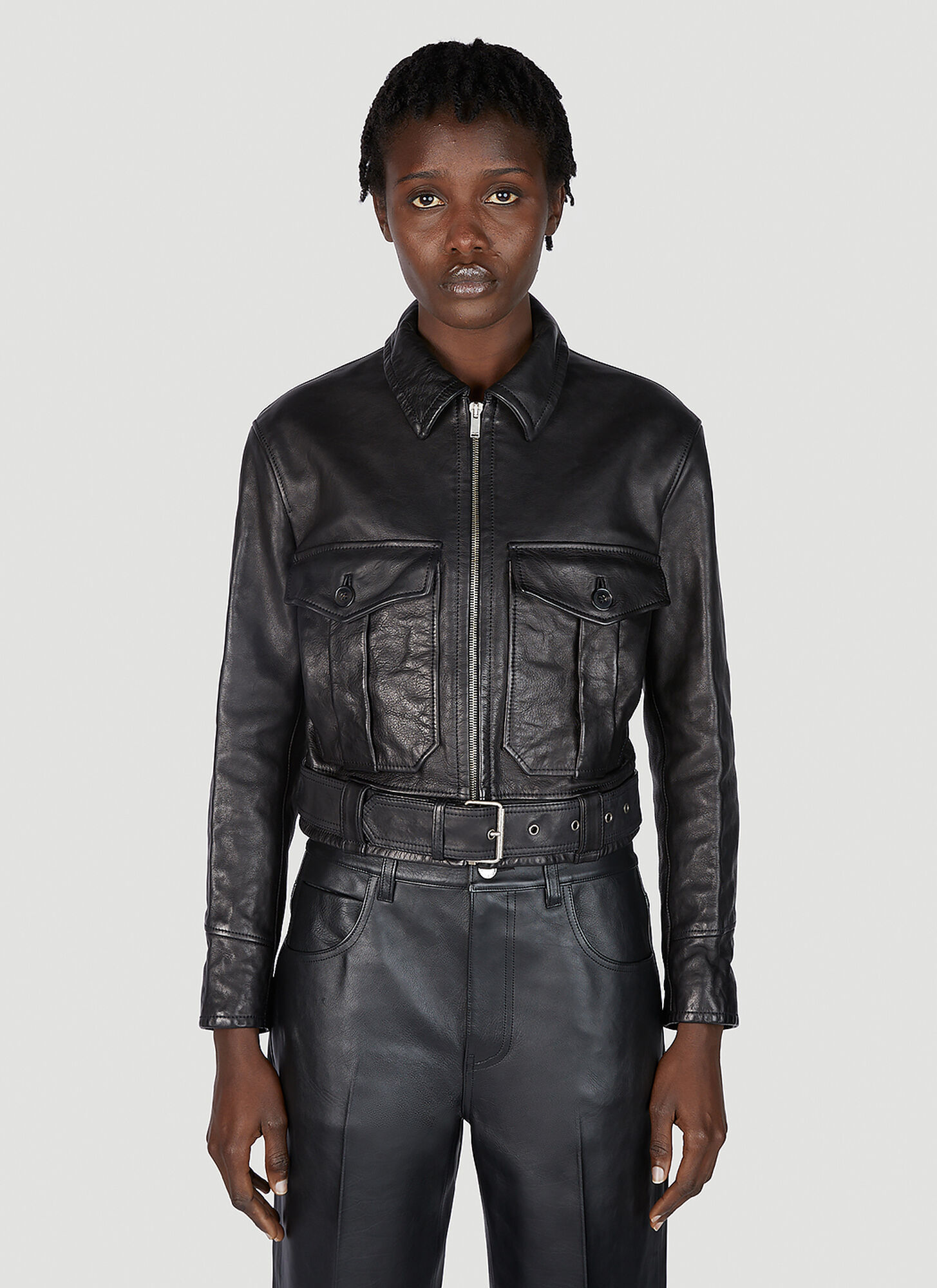 Saint Laurent Belted Leather Jacket In Black
