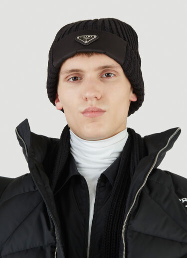 Prada Re-Nylon Trimmed Beanie Hat Black pra0145016