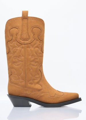 Ganni Mid Shaft Embroidered Western Boots Brown gan0258045