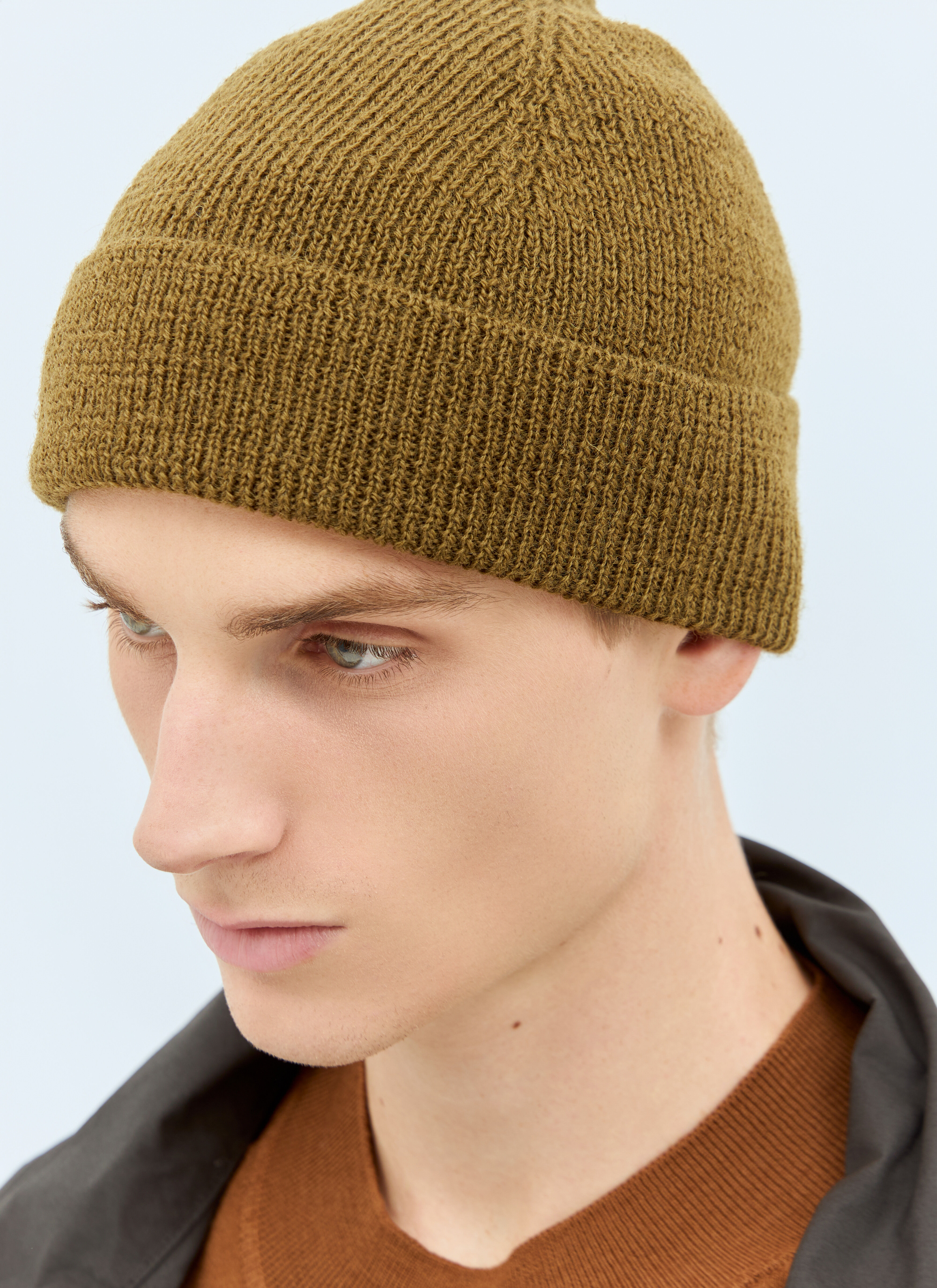 MHL by Margaret Howell Men's' Simple Ribbed Beanie Hat in Khaki