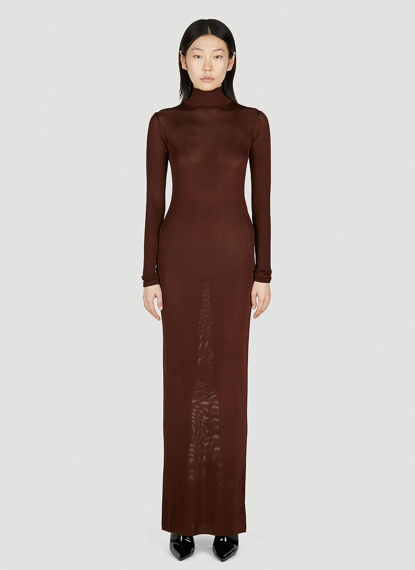 Saint Laurent High-neck Fine-knit Maxi Dress In Brown
