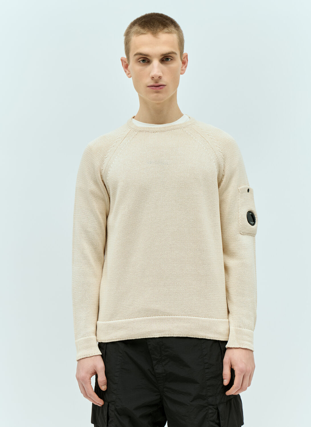 C.p. Company Men White Crewneck Sweater With Logo Plaque On The Sleeve In Wool Blend Man In Cream