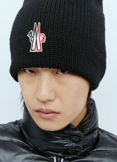 Moncler Grenoble Logo Patch Wool Beanie Hat Black mog0253013