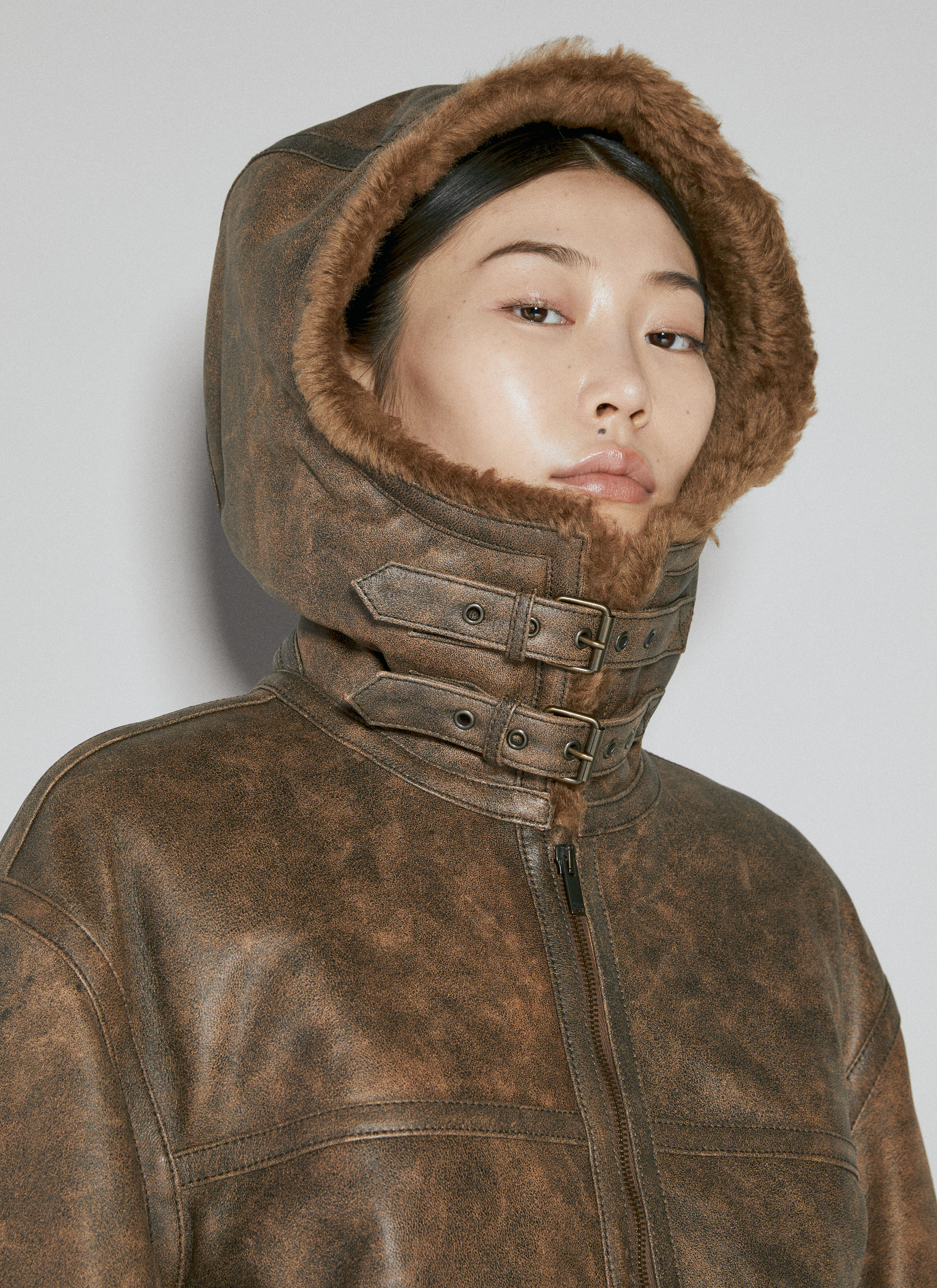 Fur hooded leather jacket top