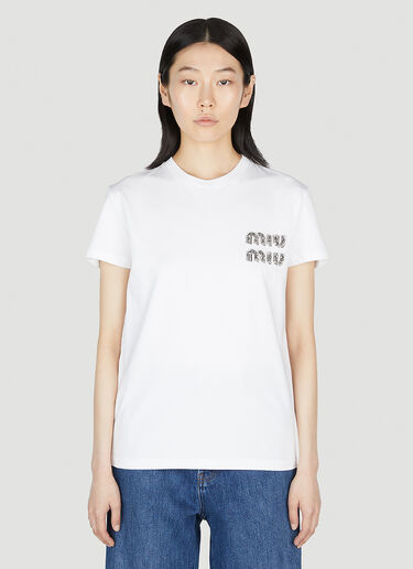 Miu Miu Embellished Logo T-Shirt White miu0252067