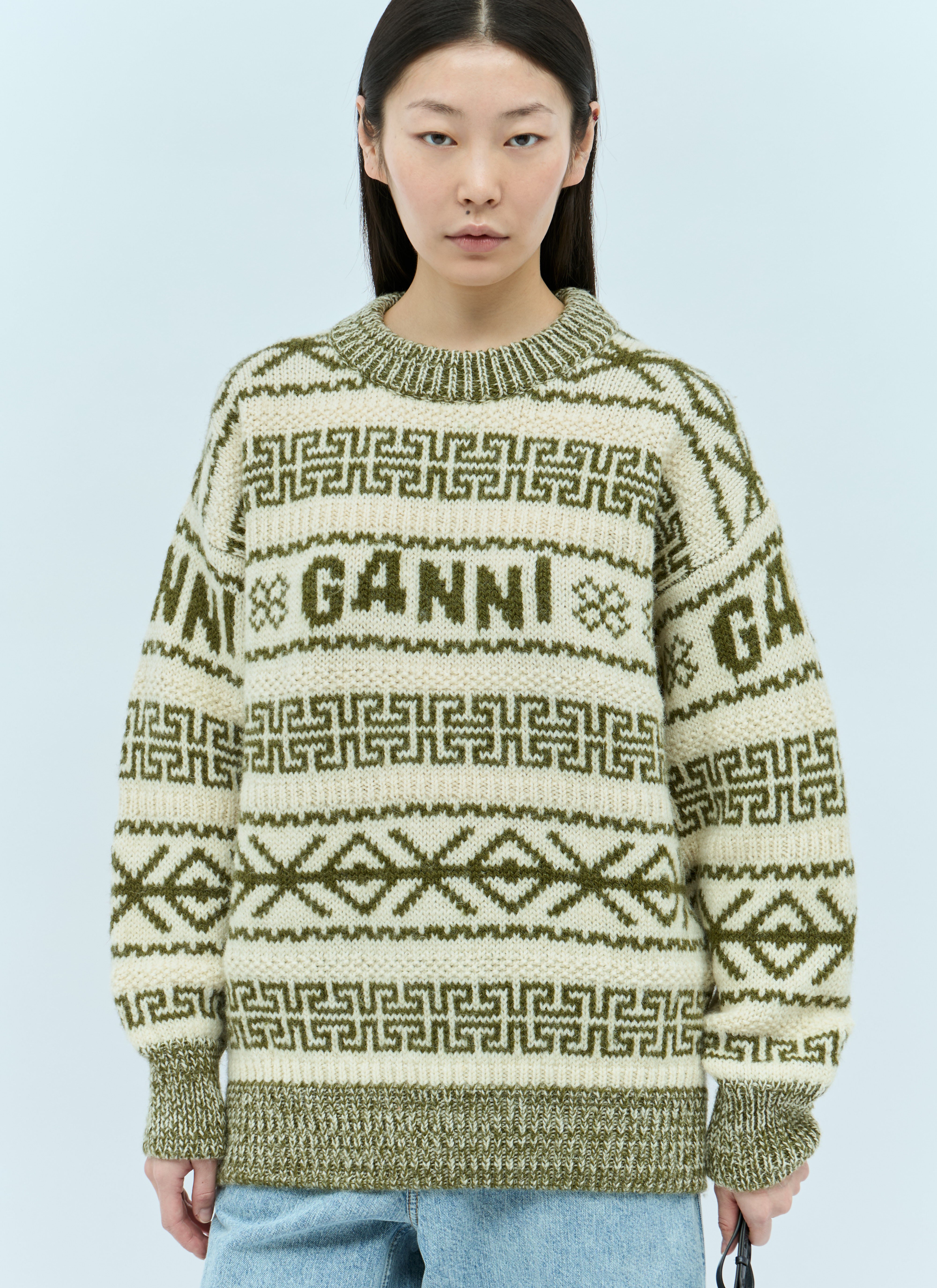 GANNI Logo Jacquard Wool Sweater Beige gan0254037