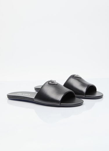 Prada Logo Plaque Leather Slides Black pra0256024