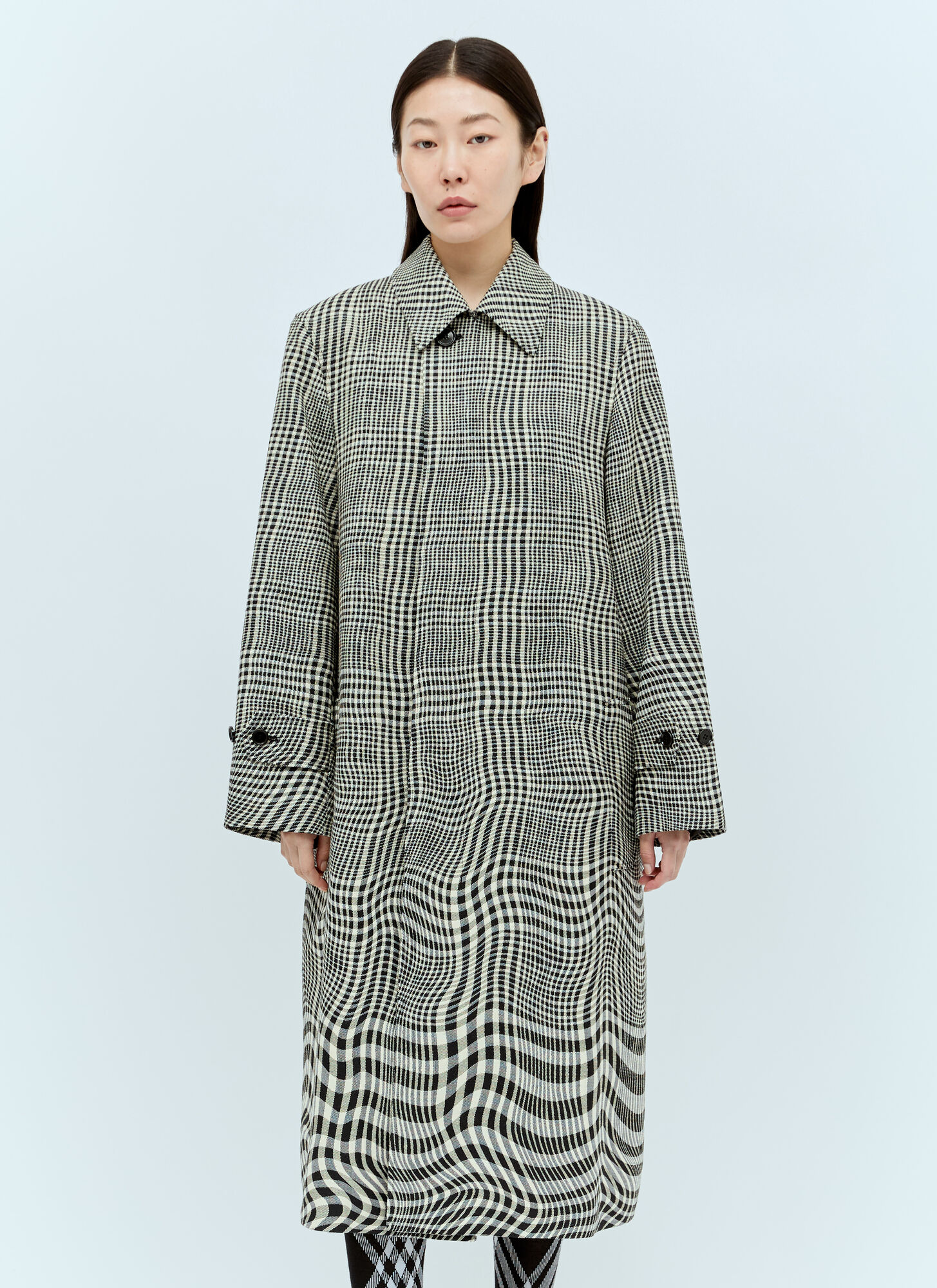 Burberry Long Warped Houndstooth Car Coat In Grey