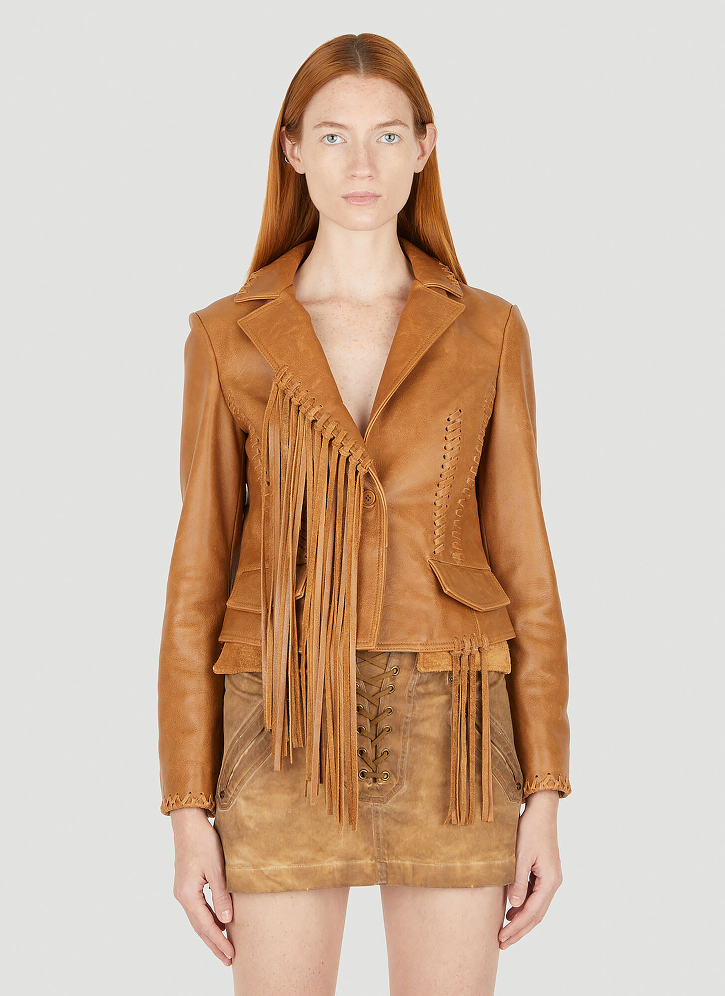 Guess Usa Fringed Leather Jacket Female Brown