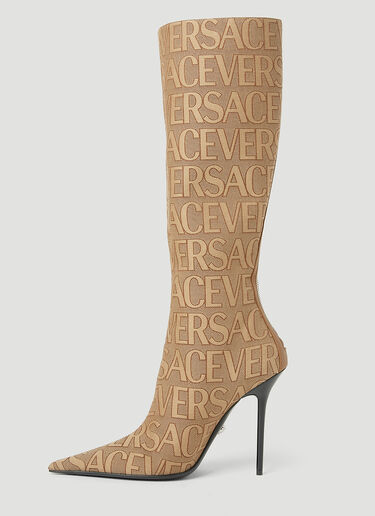 Versace Logo Jacquard High Heeled Boots Beige vrs0253026