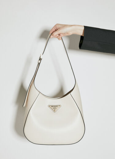 Prada Logo Plaque Leather Shoulder Bag Beige pra0256030