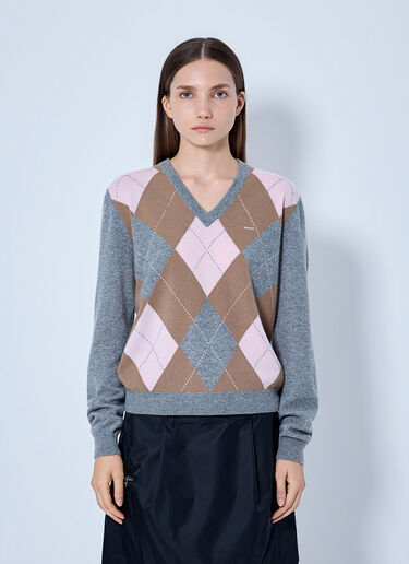 LN-CC® - Prada: Argyle V-Neck Sweater - Grey Prada Argyle V-Neck Sweater Grey pra0266002
