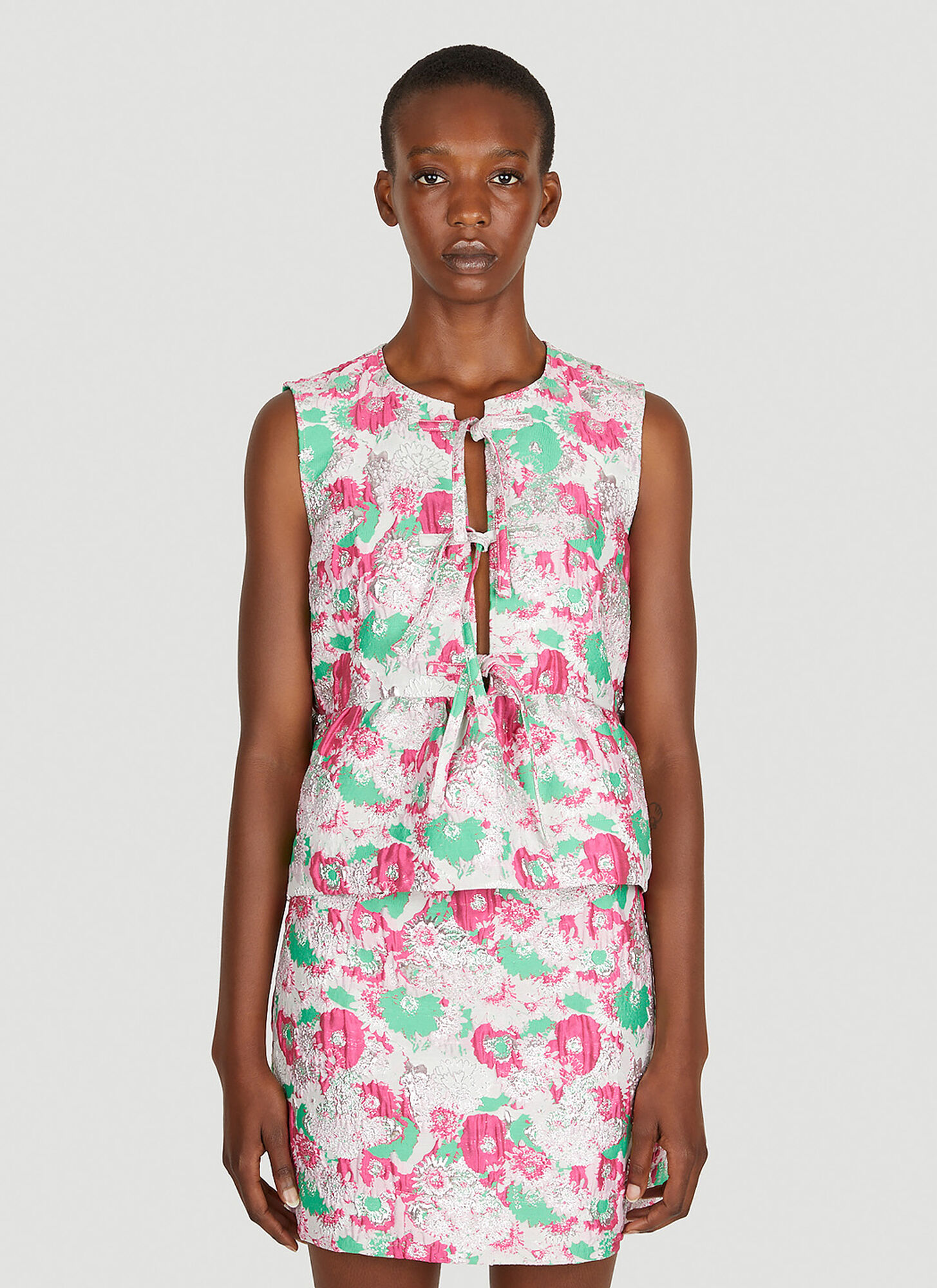 Ganni 3d Jacquard Ribbon Blouse In Pink