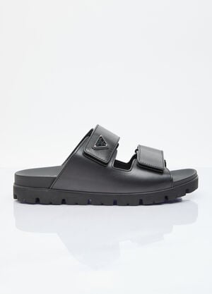 Prada Logo Plaque Leather Slides Black pra0156014