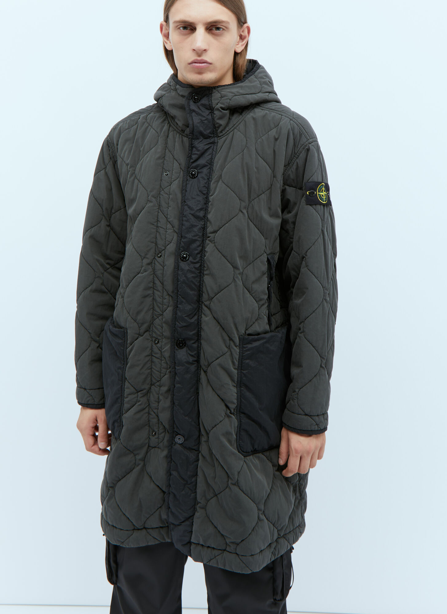 Shop Stone Island Quilted Compass Patch Coat In Grey
