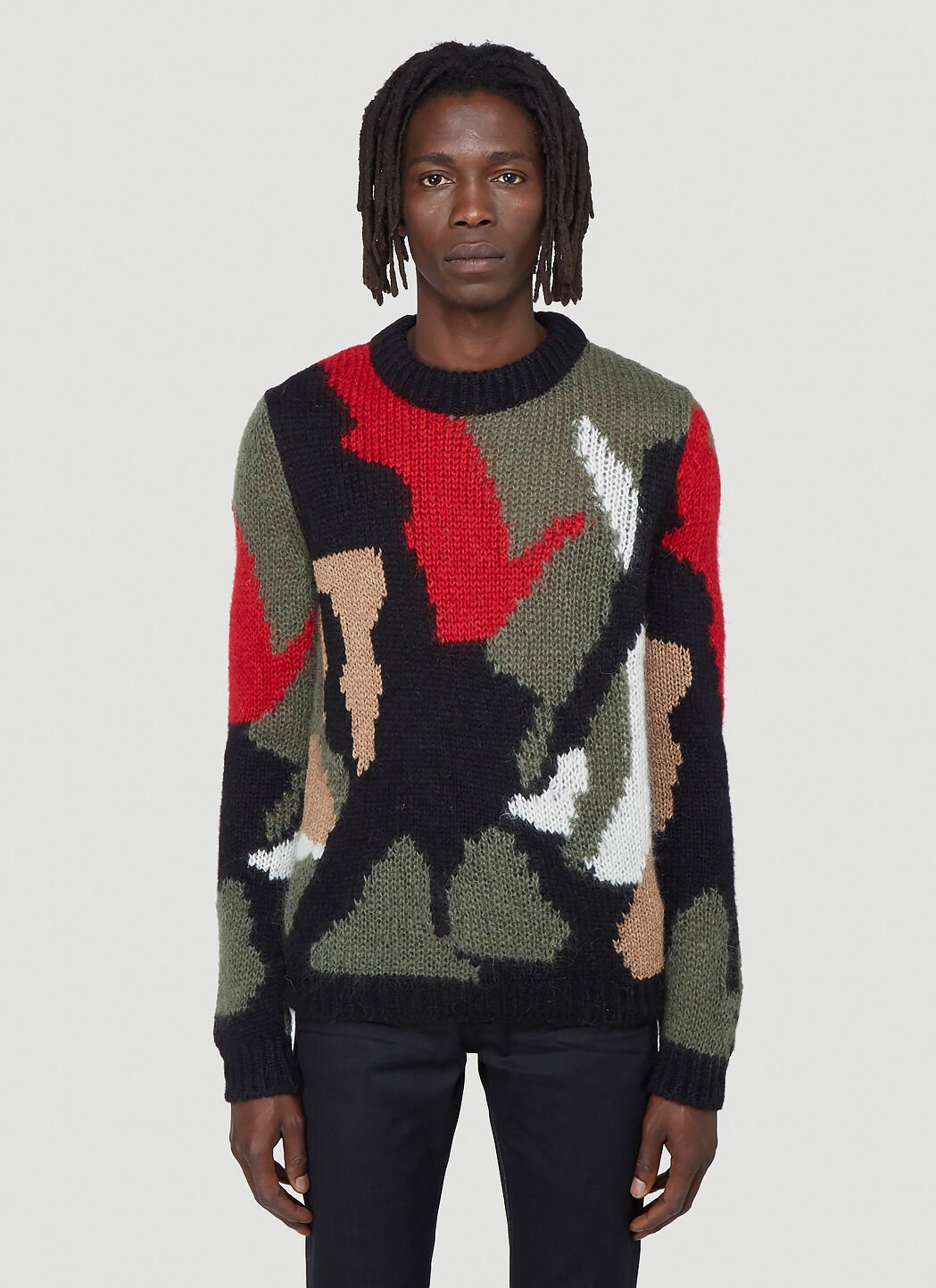 Intarsia knit shop sweater