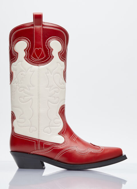 GANNI Mid Shaft Embroidered Western Boots Beige gan0254029