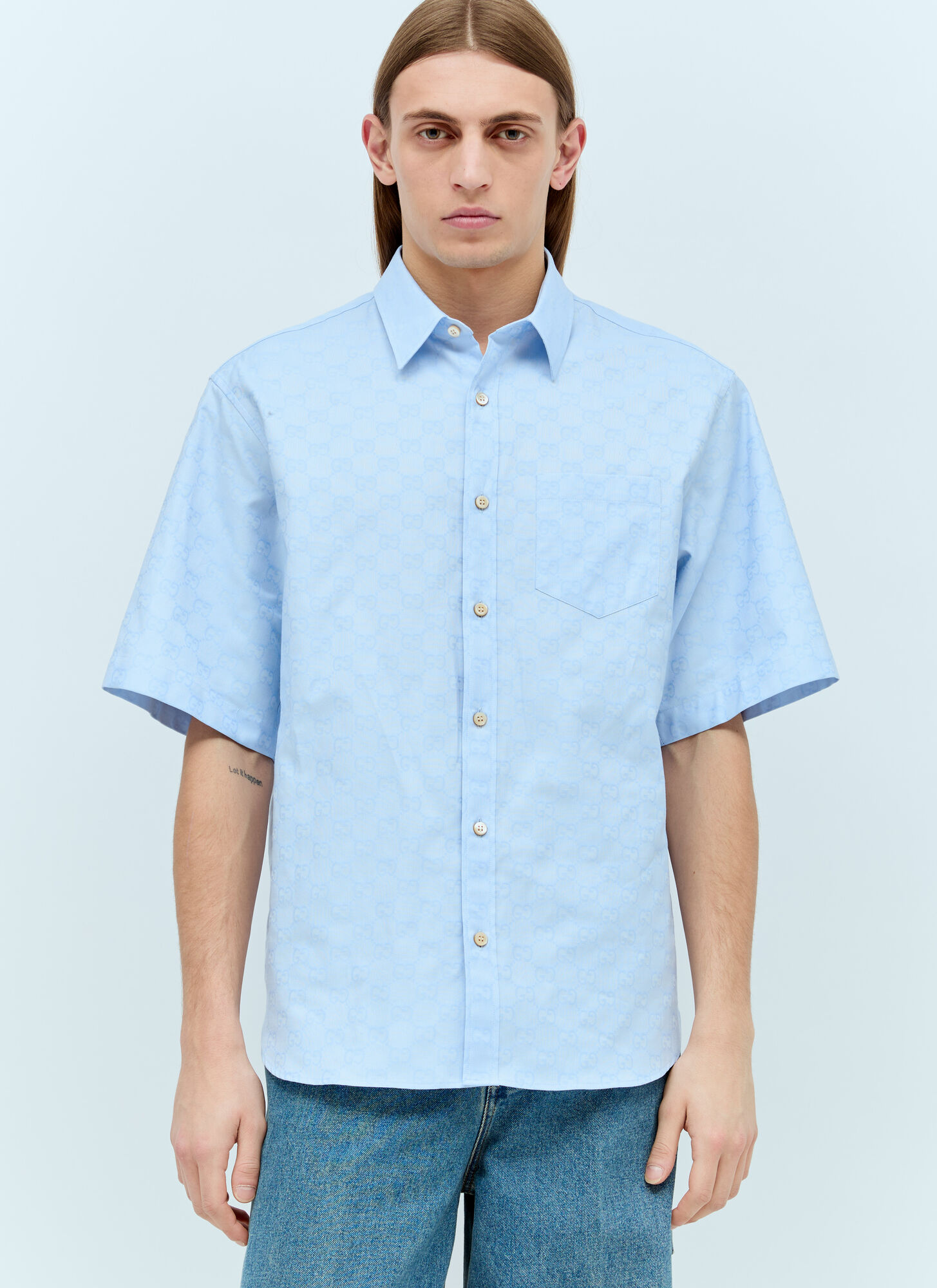 Shop Gucci Gg Supreme Oxford Cotton Shirt In Blue
