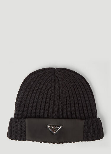 Prada Re-Nylon Trimmed Beanie Hat Black pra0145016