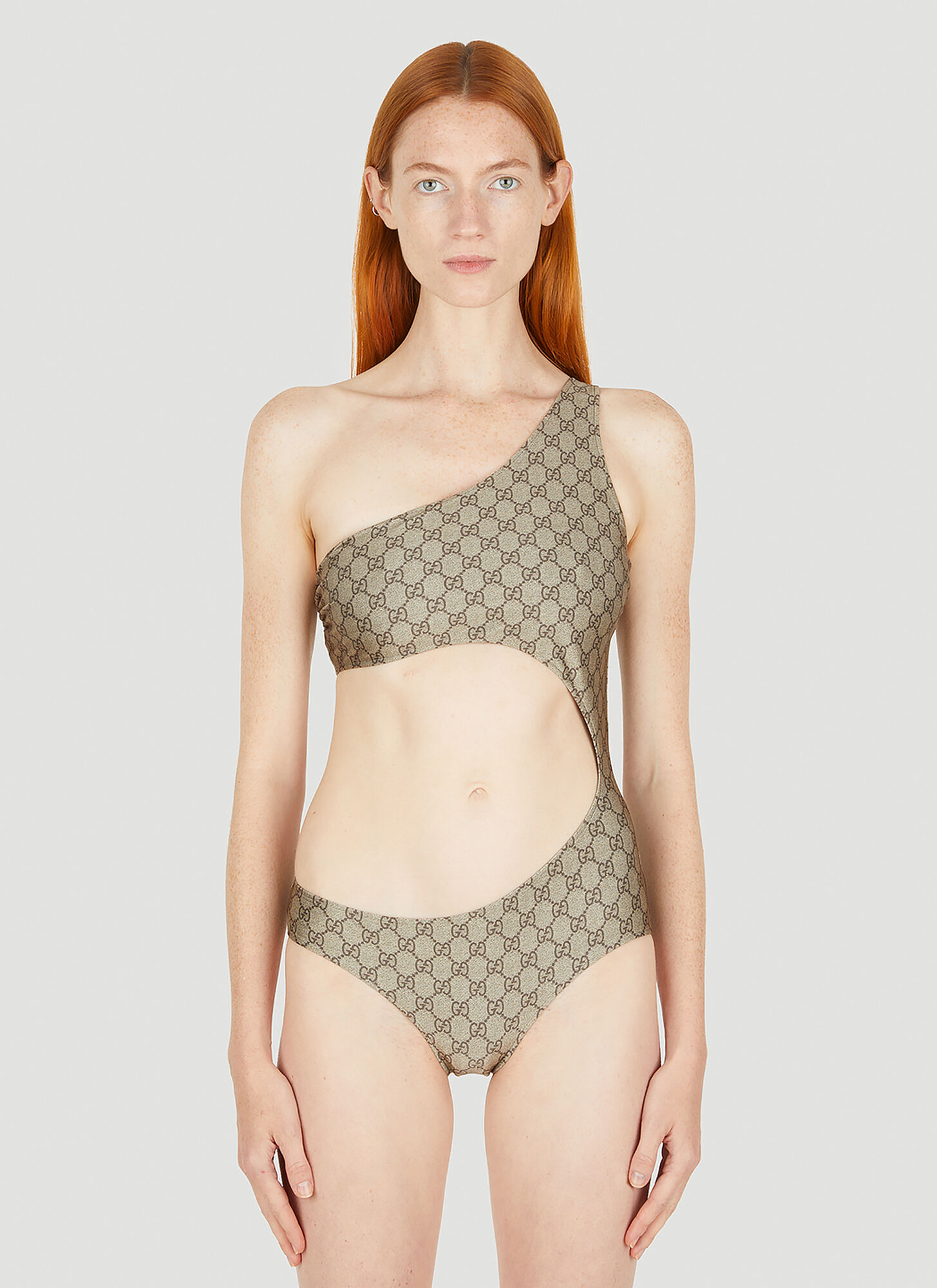 Shop Gucci Gg Asymmetric Cut-out Swimsuit In Beige