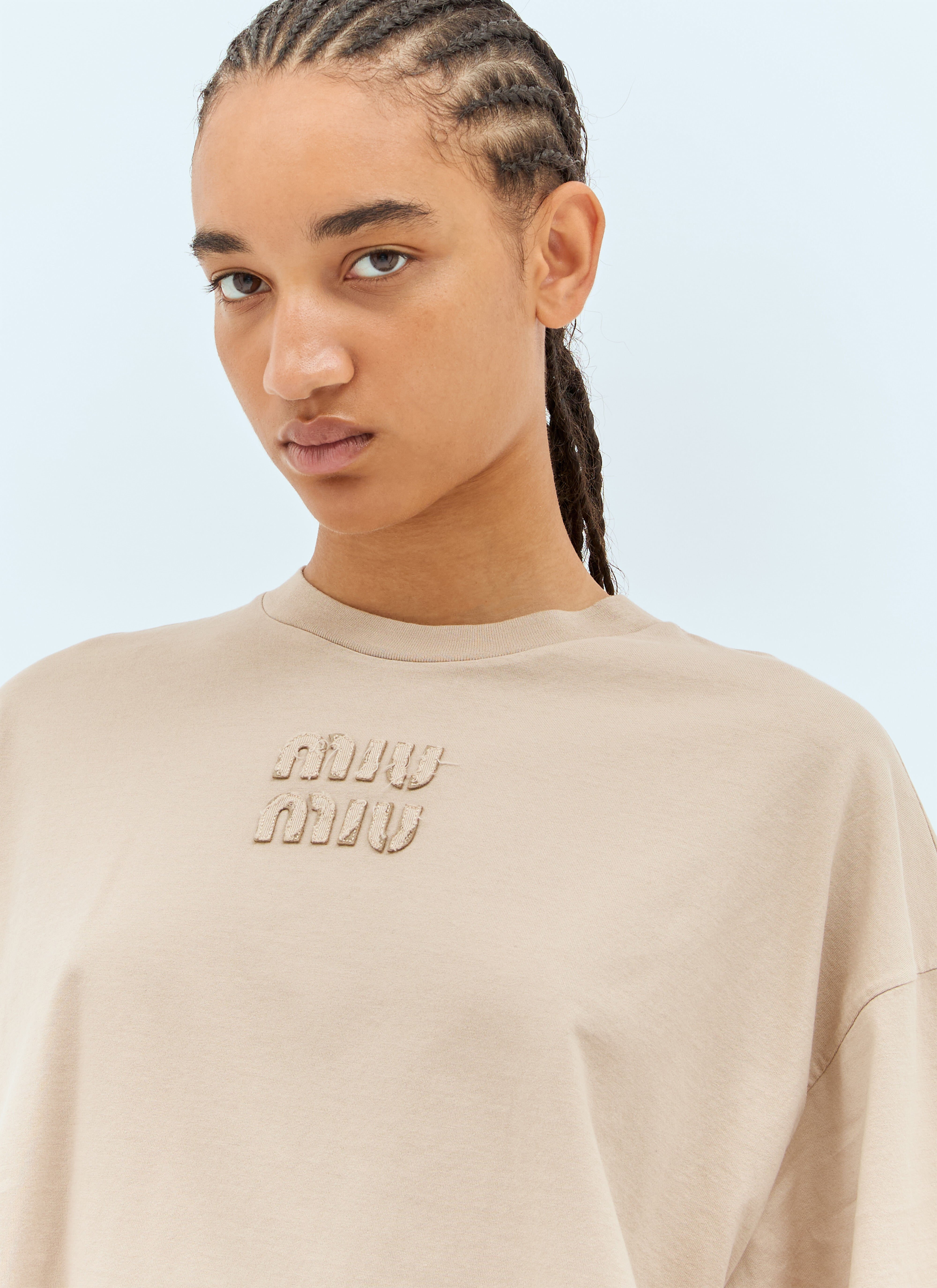 Miu Miu Women's' Logo Embossed T-Shirt in Beige | LN-CC®