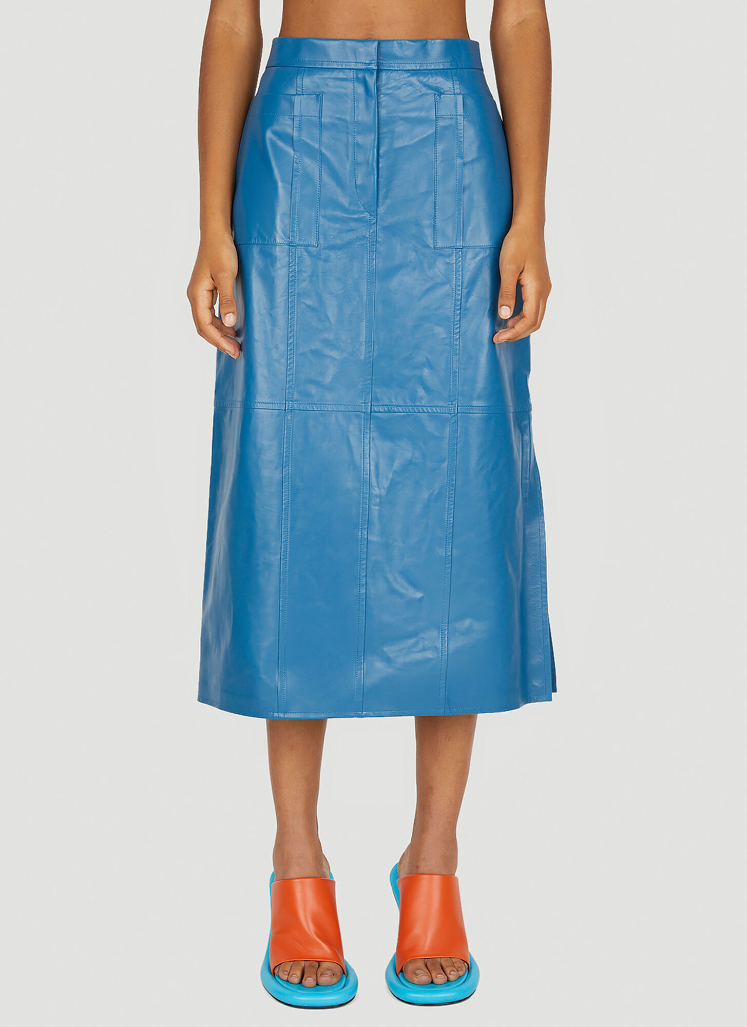 Jil Sander Faux Leather Mid Length Skirt In Blue