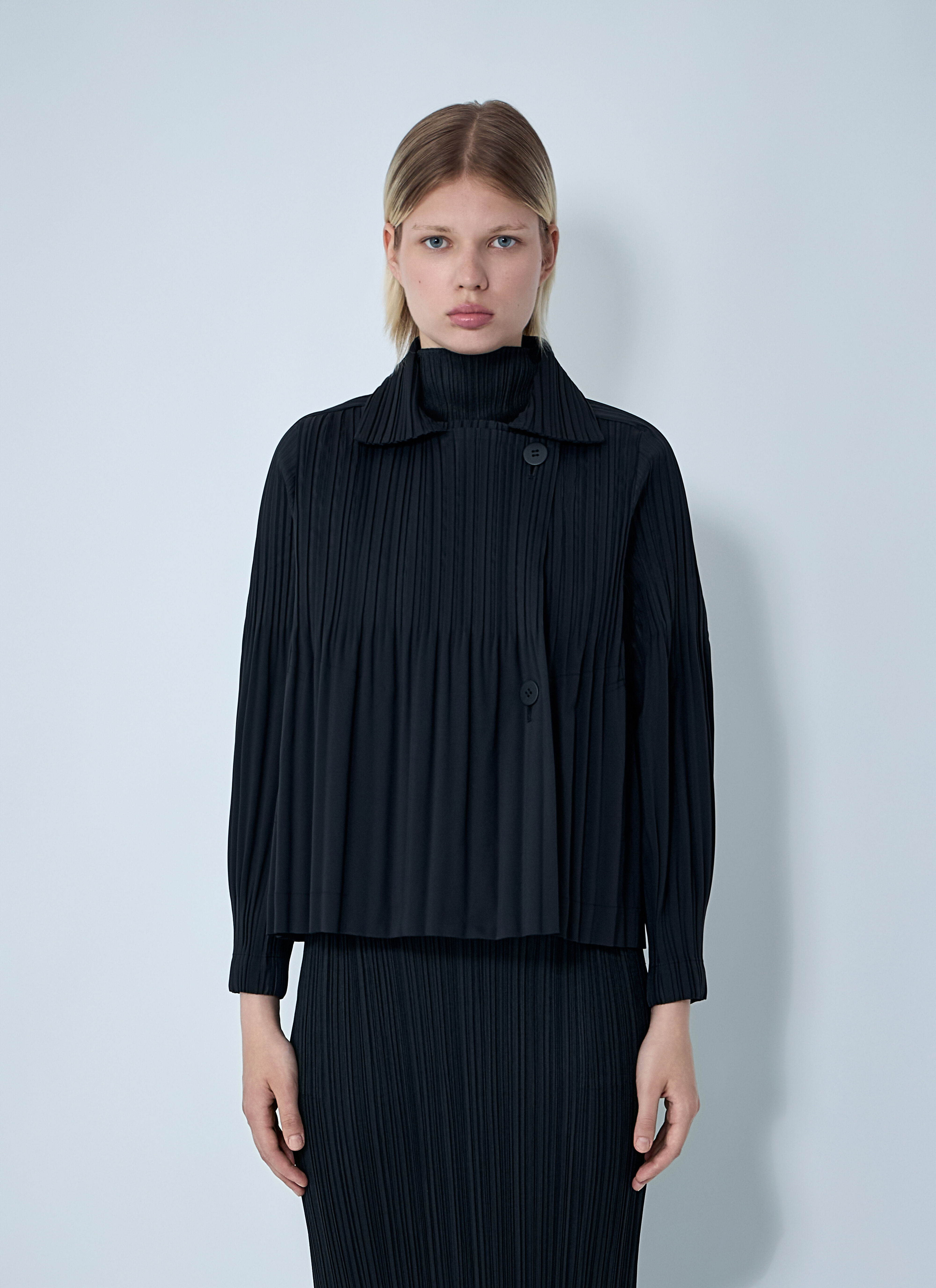 Pleats Please Issey Miyake Women's' Pleated Smooth Coat in Black