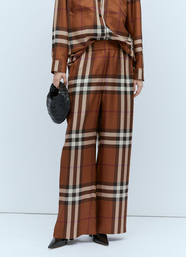 Burberry Women's Check Silk Wide Leg Pants in Brown