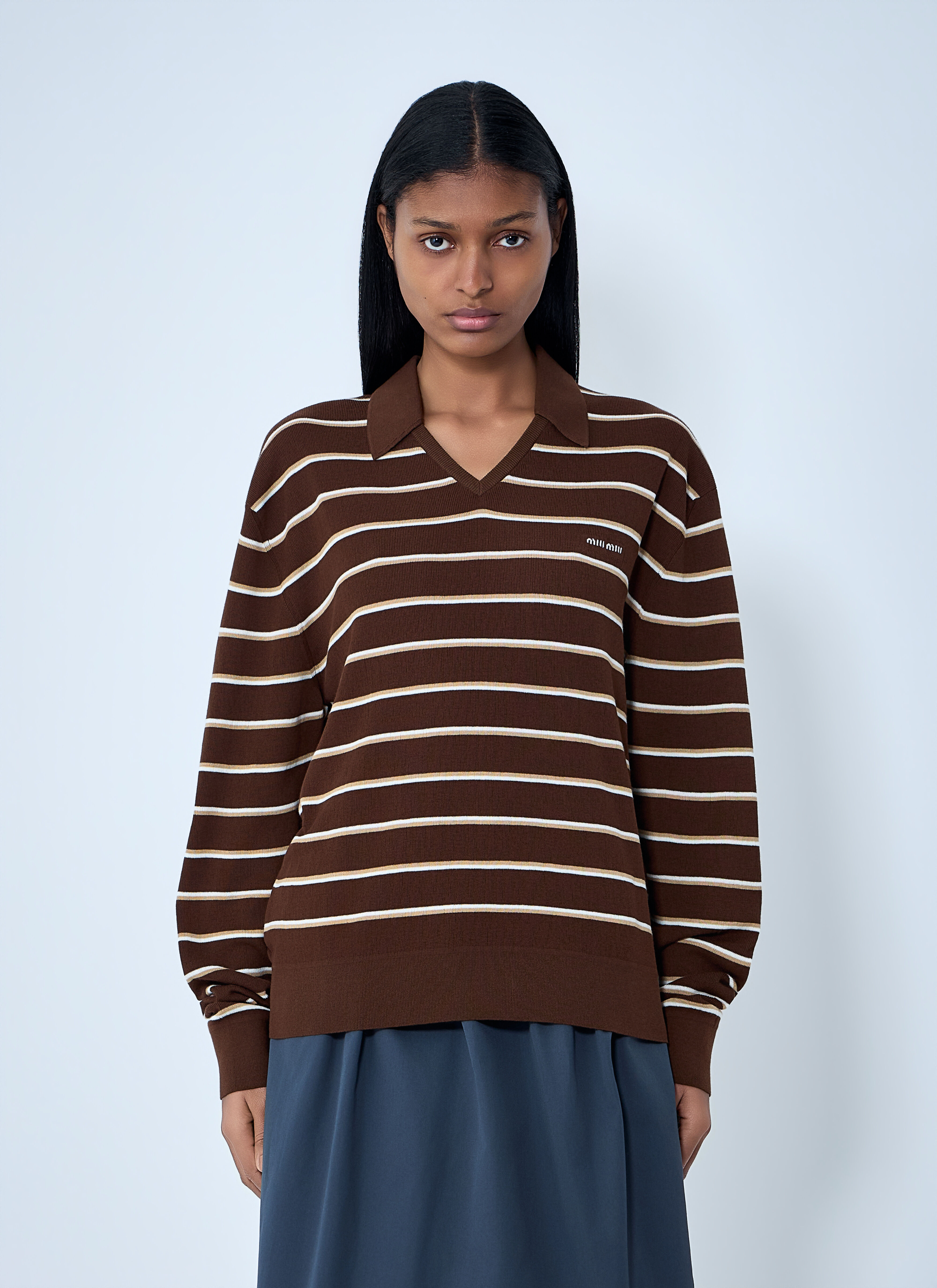 Miu Miu Women's' Striped Knit Polo Sweater in Brown | LN-CC®