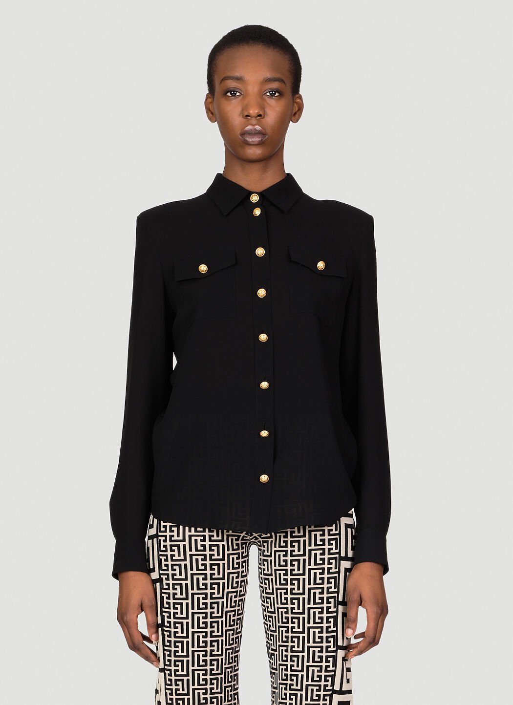 Balmain Women s Shoulder Pad Silk Shirt in Black LN CC