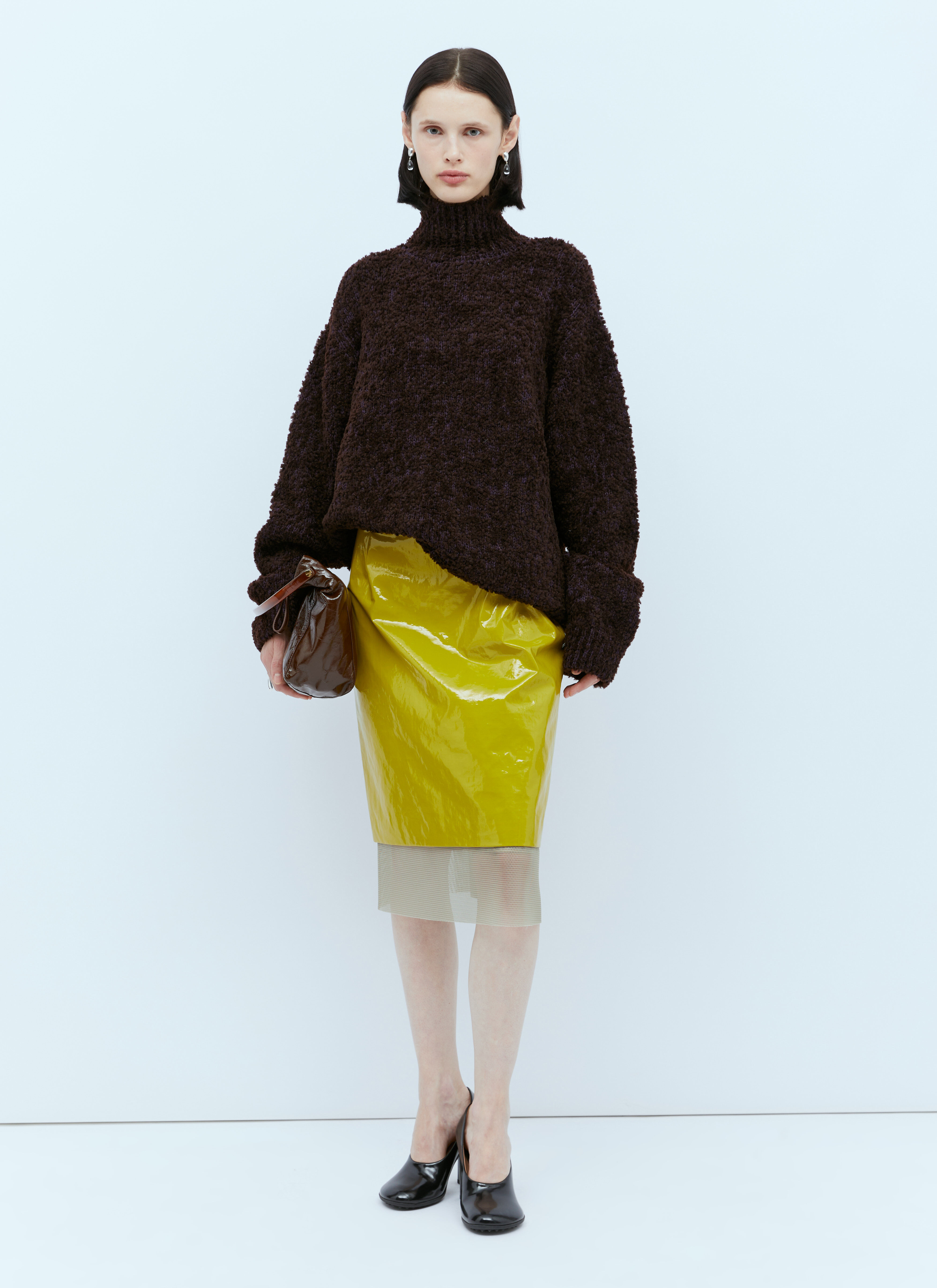 Mustard leather cheap midi skirt