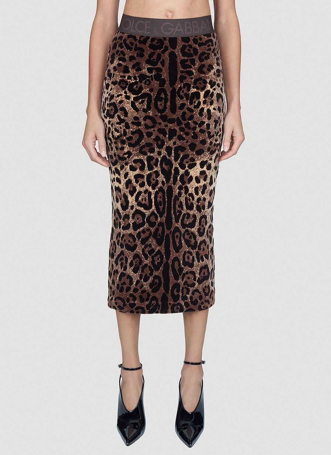 Dolce & Gabbana Leopard Jacquard Chenille Pencil Skirt In Brown