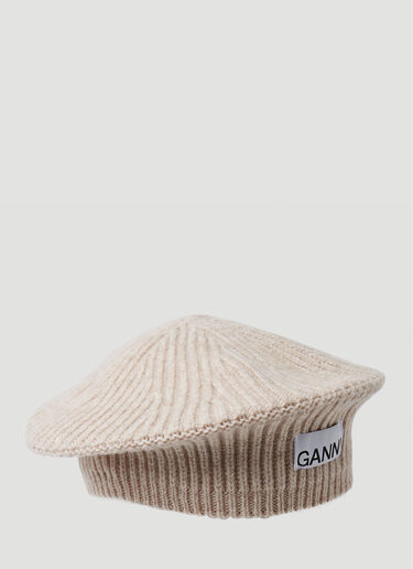 GANNI Ribbed Knit Beret Hat White gan0250052