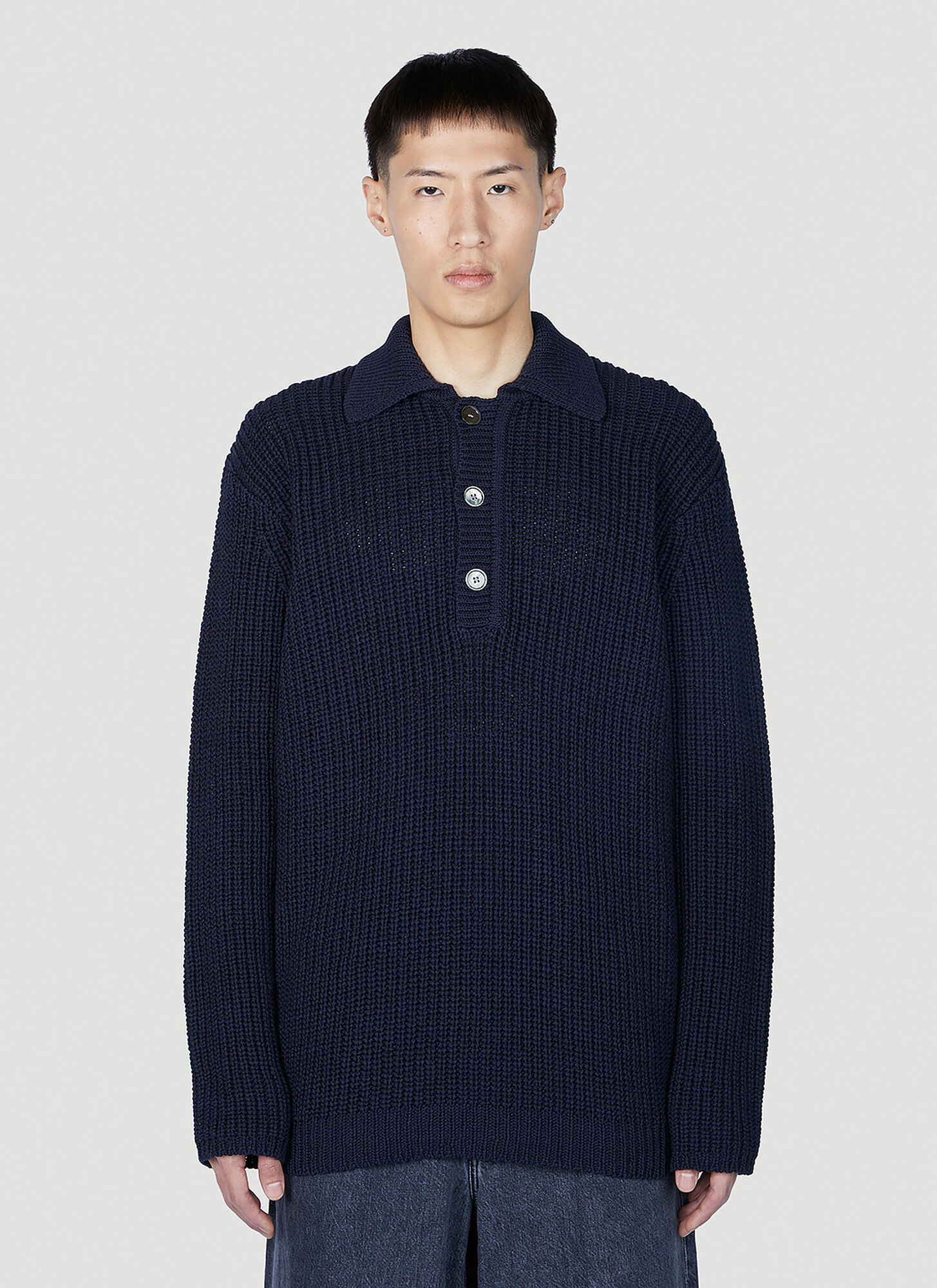 Our Legacy Big Piquet Ribbed-knit Cotton Sweater In Dark Blue