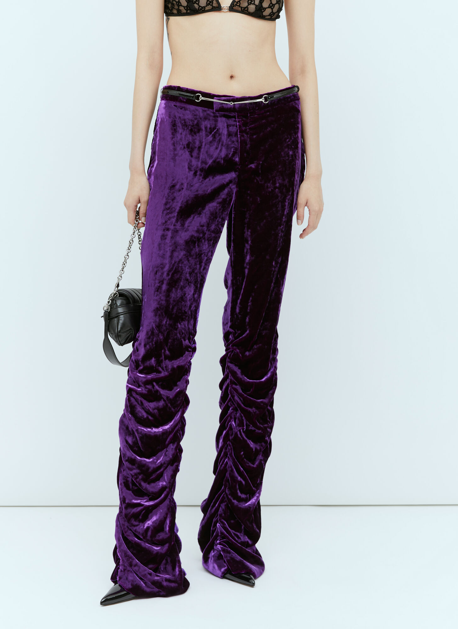 Shop Gucci Horsebit Belt Velvet Pants In Purple