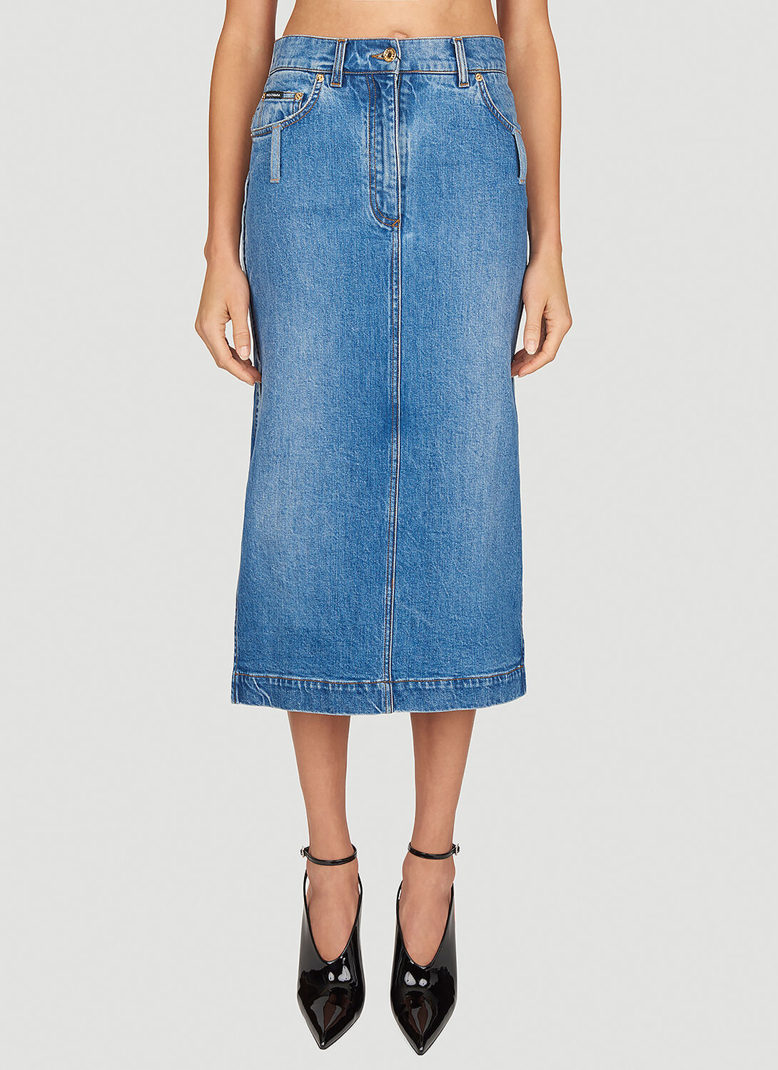 Shop Dolce & Gabbana Denim Midi Skirt In Blue