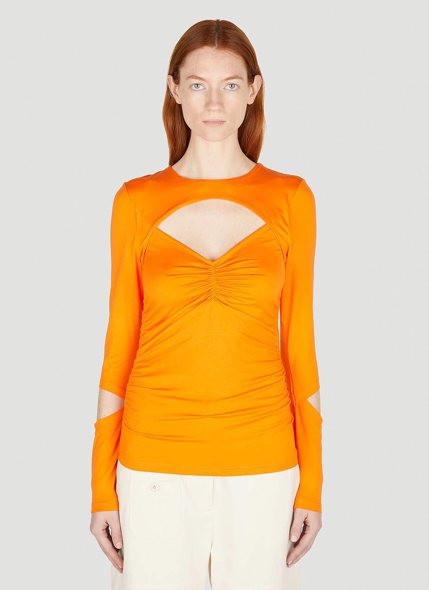 Shop Ganni Cutout Long Sleeve Top In Orange