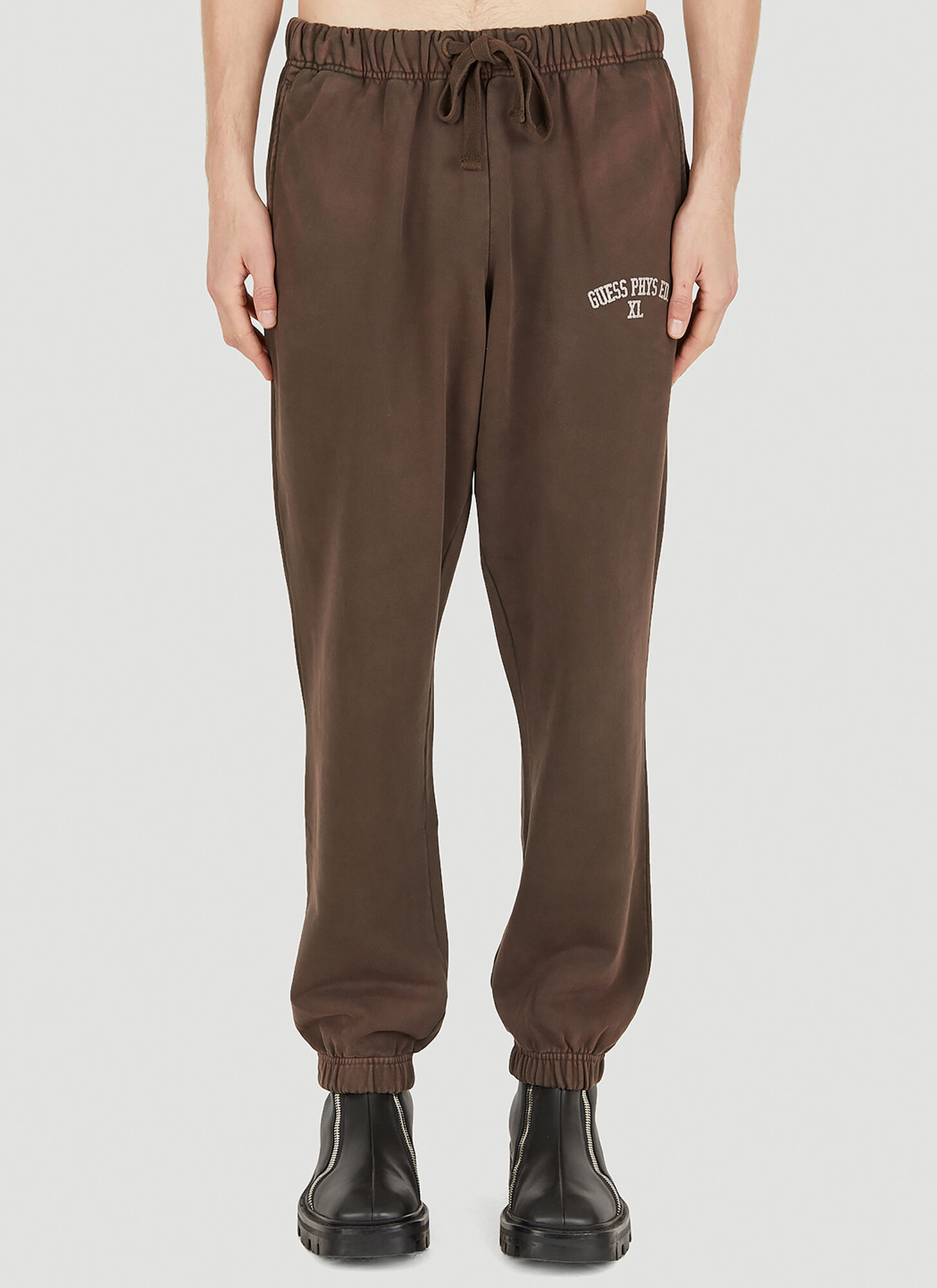 Shop Guess Usa Embroidered Logo Track Pants In Brown