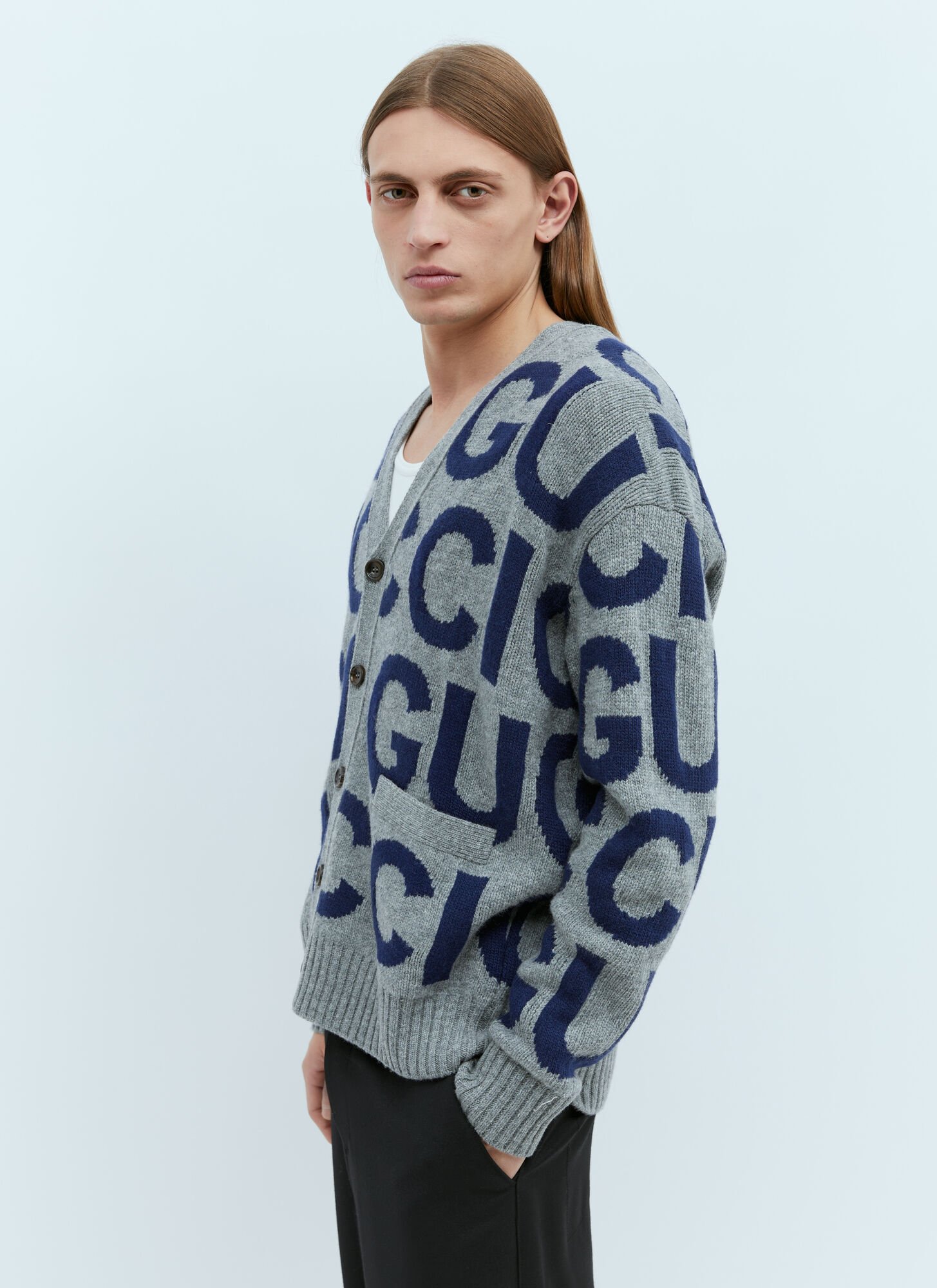Shop Gucci Logo Intarsia Wool Cardigan In Grey