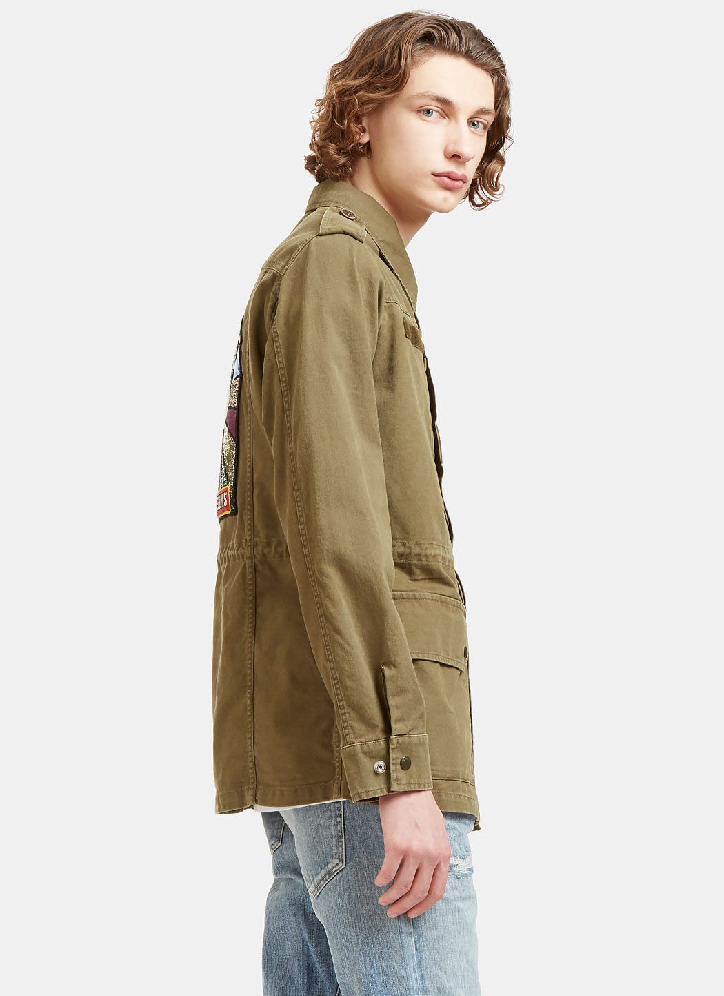 Saint Laurent Glittered Shark Embroidered Military Jacket in Khaki