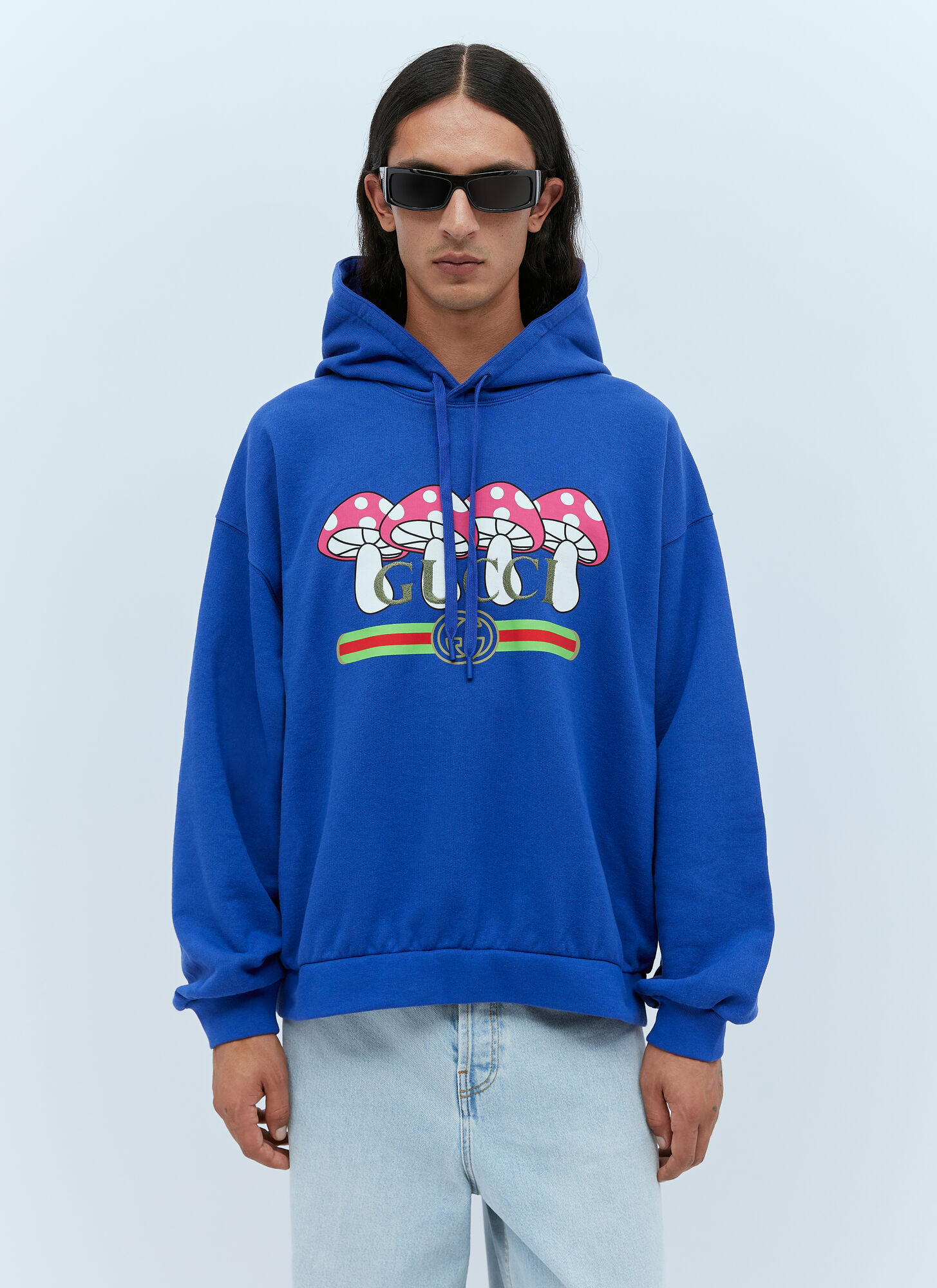 Shop Gucci Mushroom Logo Hooded Sweatshirt In Blue