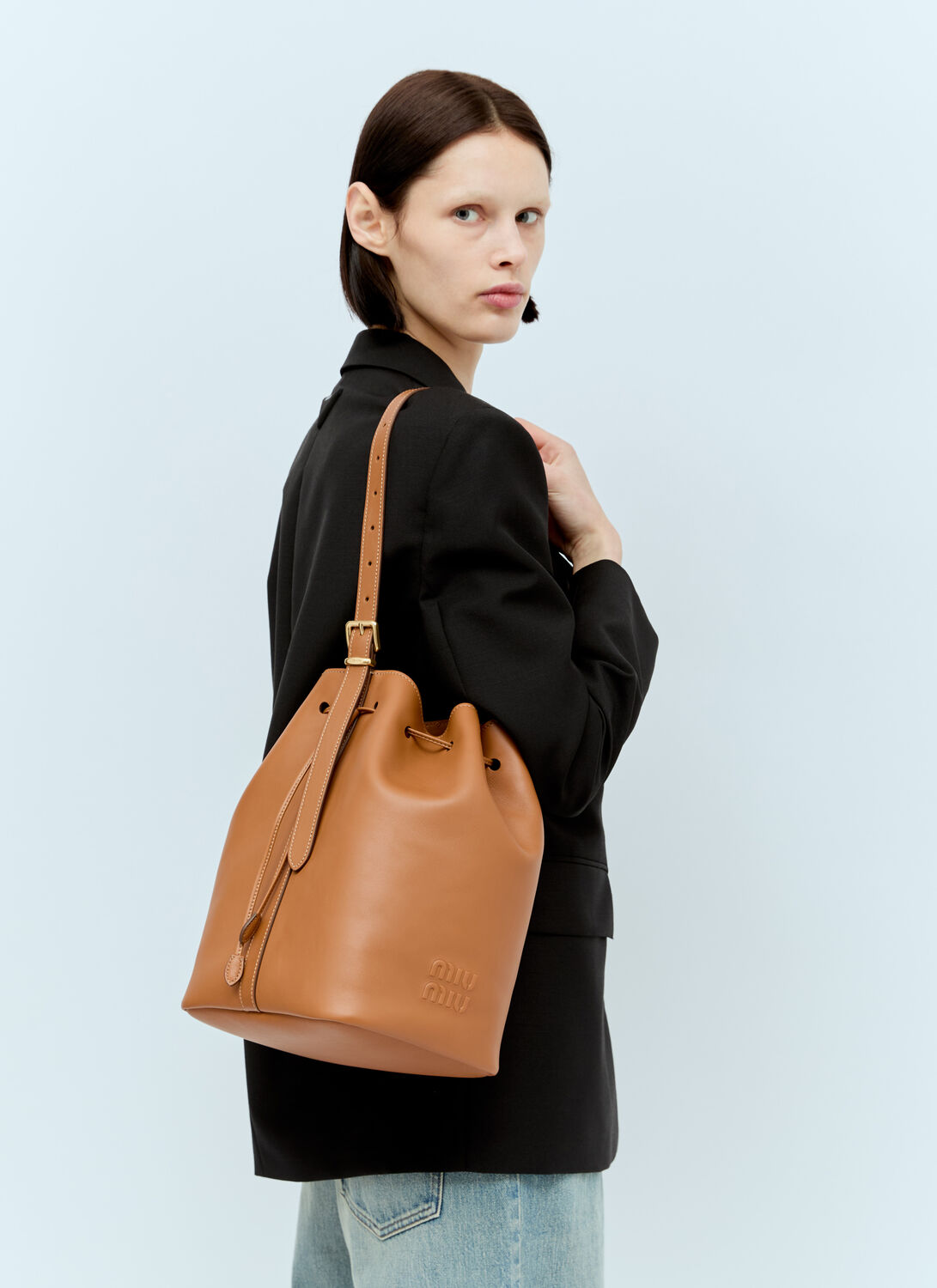 Shop Miu Miu Leather Bucket Bag In Brown